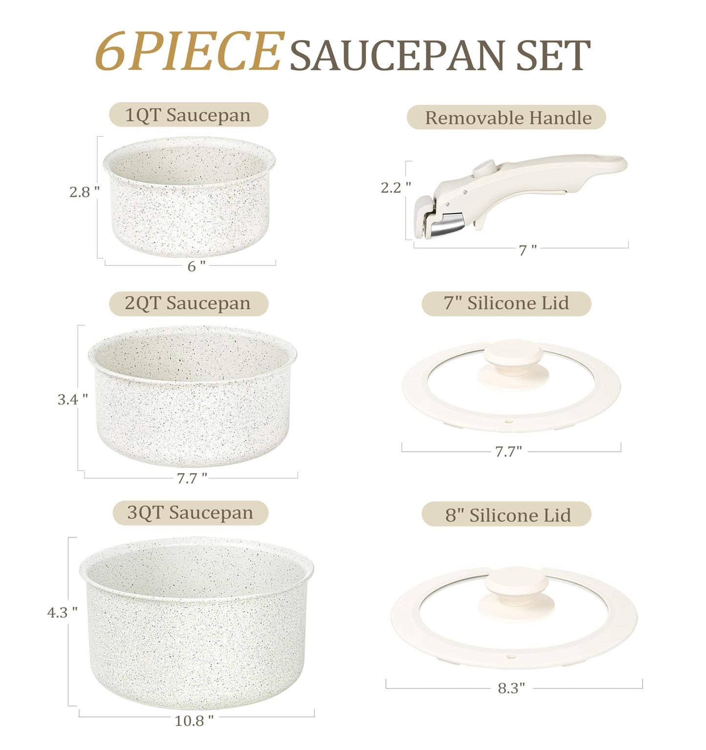 Sauce Pan Set, Nonstick 1Qt & 2 Qt & 3Qt Pots with Removable Handles, Non Toxic Saucepan Set with Detachable Handle, Stackable Pot Set for RV Camping, Oven Safe - 6 Piece